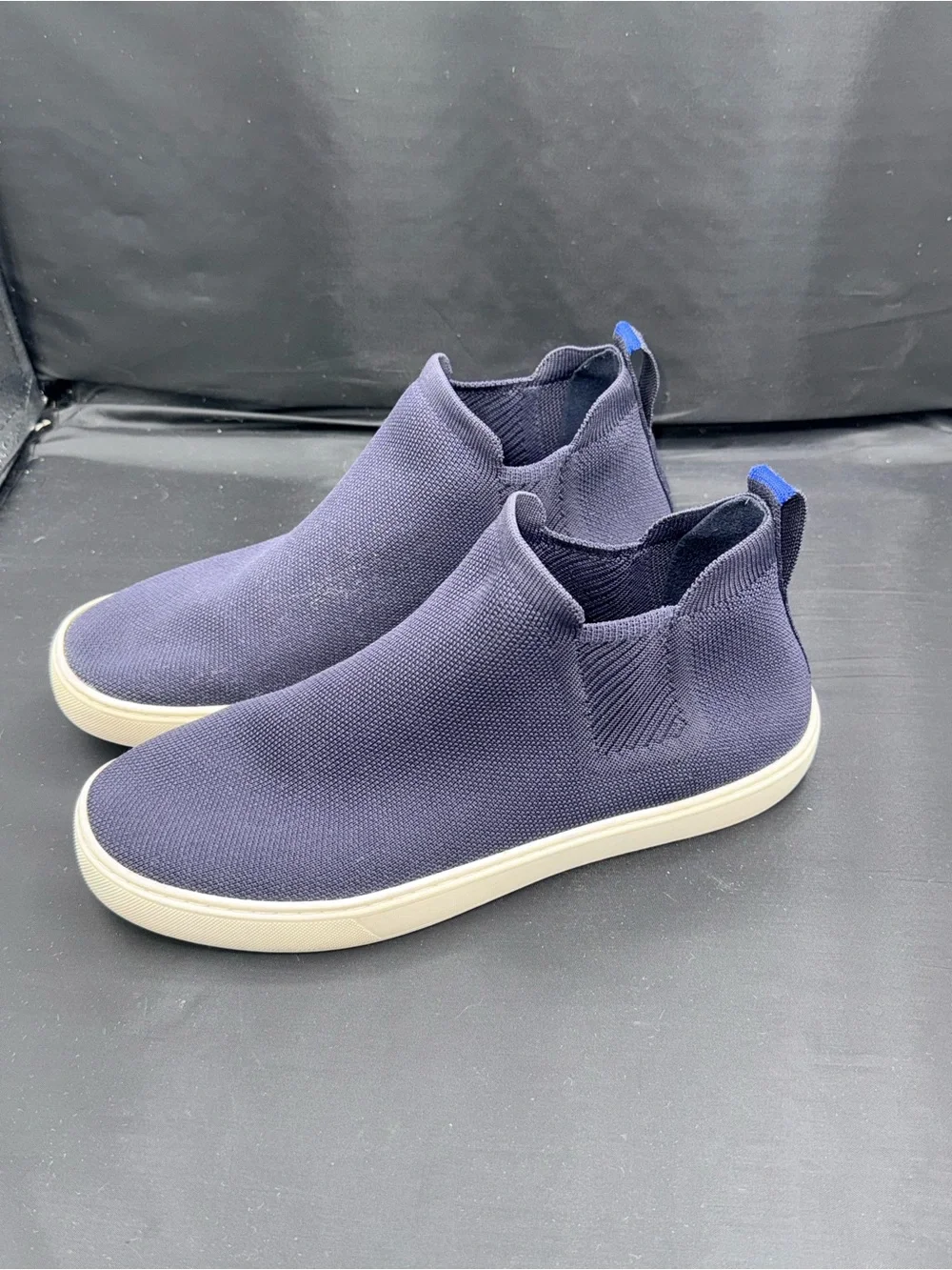 Rothys The Chelsea Navy Blue Knit Ankle Bootie Sneaker Slip On Minimalist 10.5
